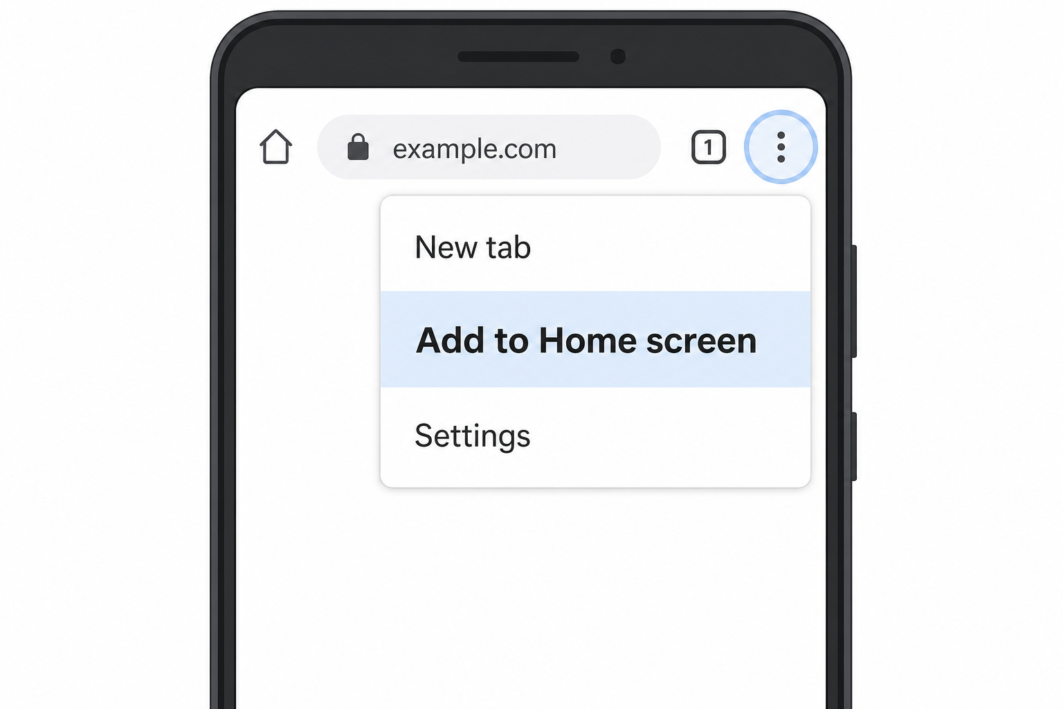 Illustration: Chrome menu (three dots) open with Add to Home screen highlighted